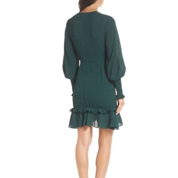 Chelsea 28 Dress Green Smocked Long Sleeve Ruffle Drop Waist Mini - Picture 2 of 12